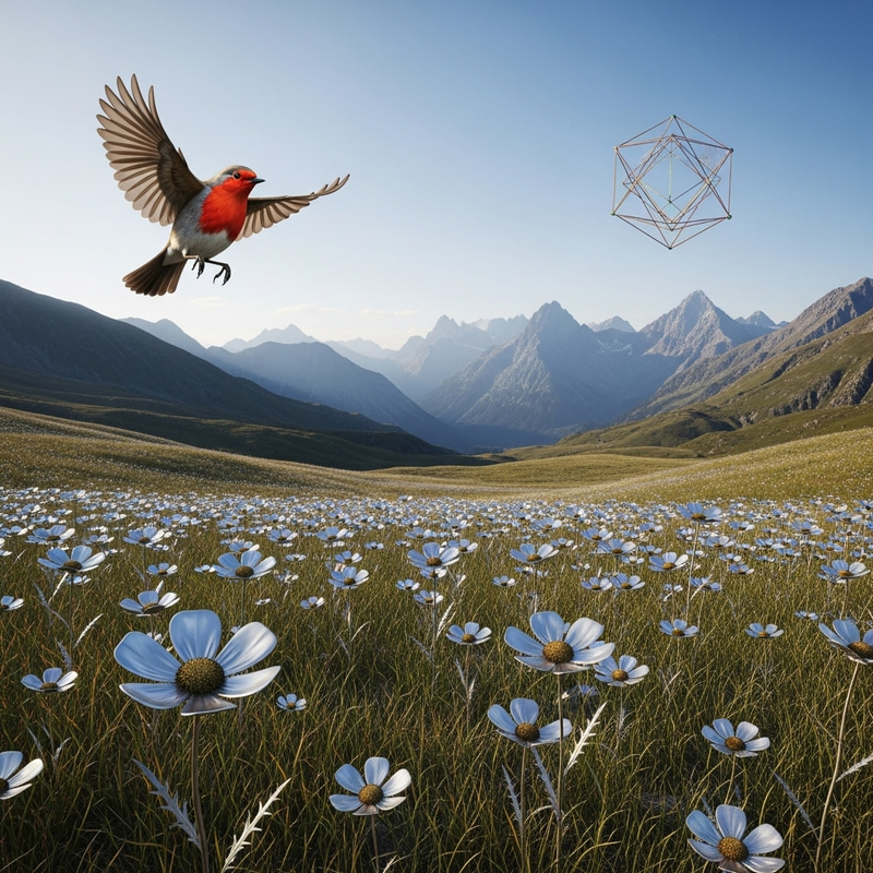 Enchanting Metallic Flower Field in Serene Mountain Landscape