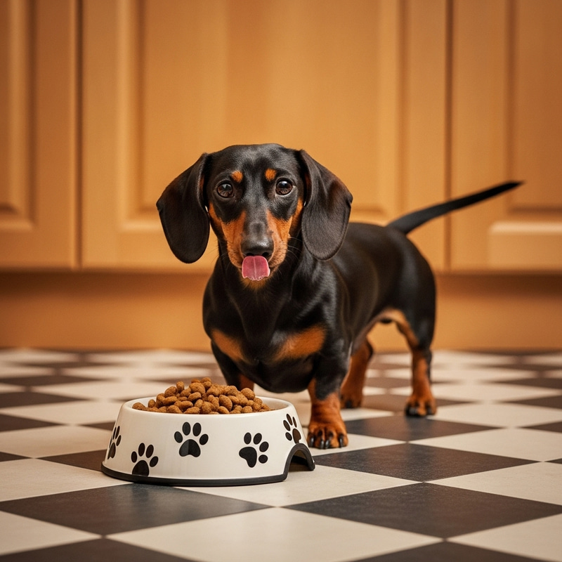 Eager Dachshund Anticipating Feeding Time in Cozy Kitchen Eager Dachshund Anticipating Feeding Time in Cozy Kitchen