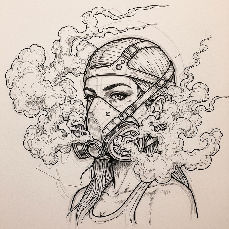 Girl in Respirator Mask Tattoo Sketch | Bold Smoke Effect