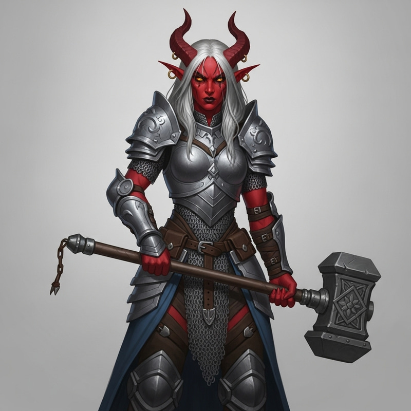 Fierce Female Tiefling Warrior with Hammer and Chain Mail Fierce Female Tiefling Warrior with Hammer and Chain Mail