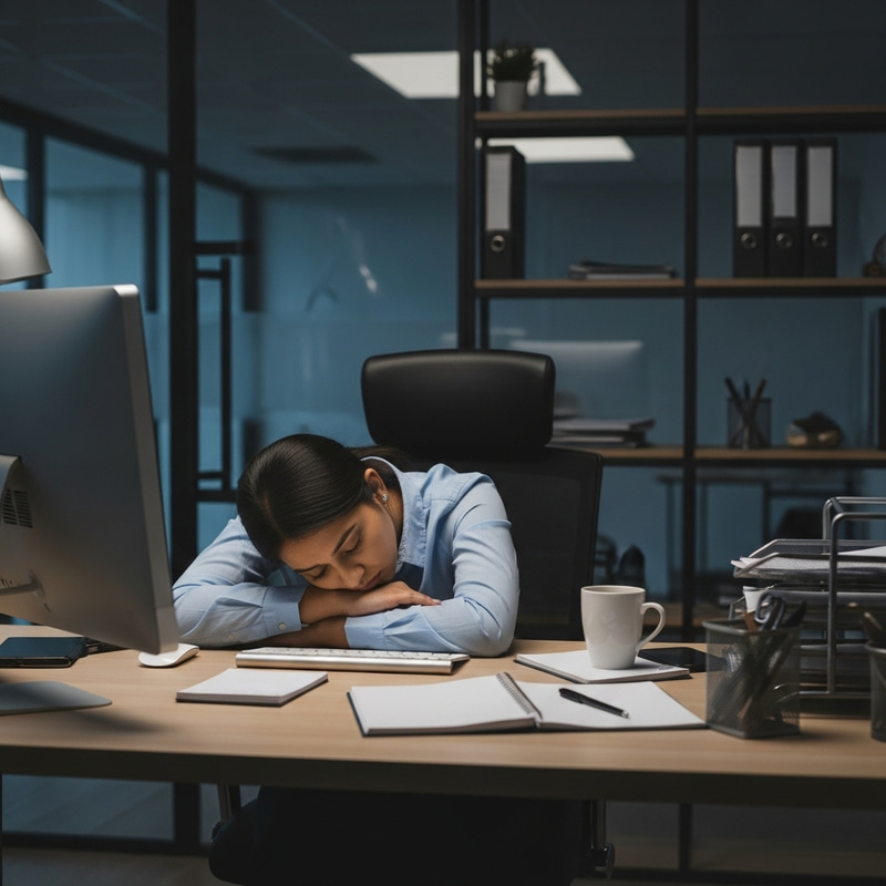 Exhausted Professional in Modern Office Setting Exhausted Professional in Modern Office Setting