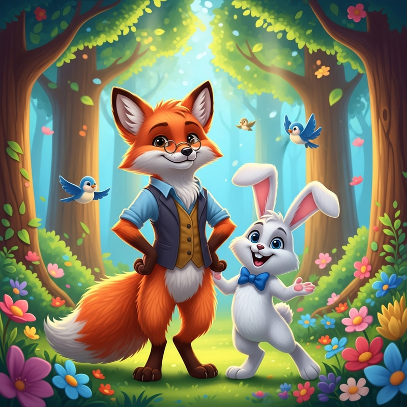 Vibrant Cartoon Scene: Fox and Rabbit in Enchanted Forest Vibrant Cartoon Scene: Fox and Rabbit in Enchanted Forest