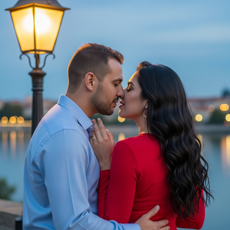 Interracial Couple Sharing a Romantic Kiss