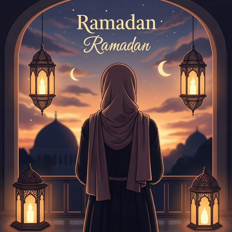 Graceful Hijabi Woman in Ramadan at Orange-Purple Sunset Graceful Hijabi Woman in Ramadan at Orange-Purple Sunset