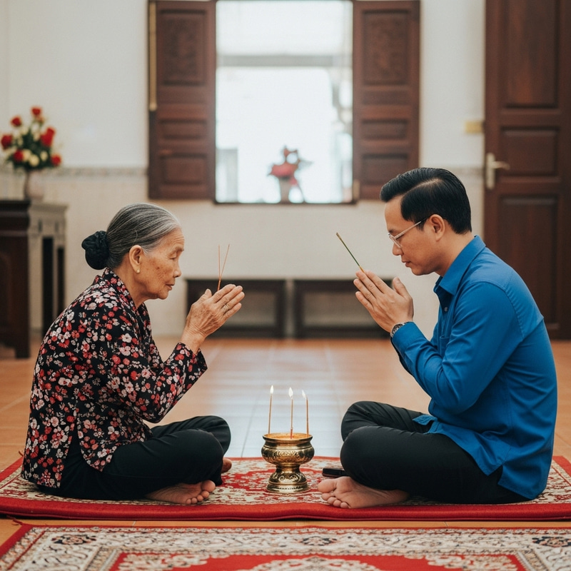 Vietnamese Man and Woman Praying for Blessings | Wide-angle Portrait Photo Vietnamese Man and Woman Praying for Blessings | Wide-angle Portrait Photo