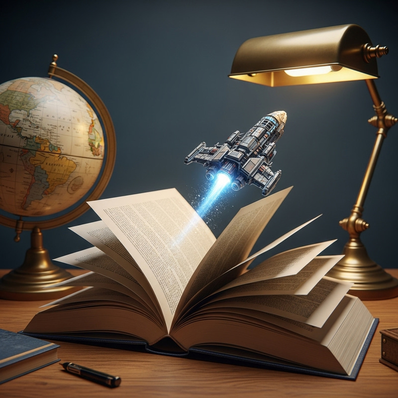 Open Book with Spaceship: Digital Art Exploration