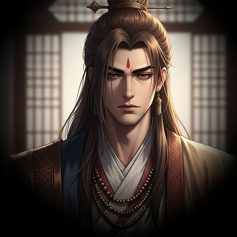Gloomy Style: Asian Male with Long Flowing Hair in Traditional Attire Gloomy Style: Asian Male with Long Flowing Hair in Traditional Attire