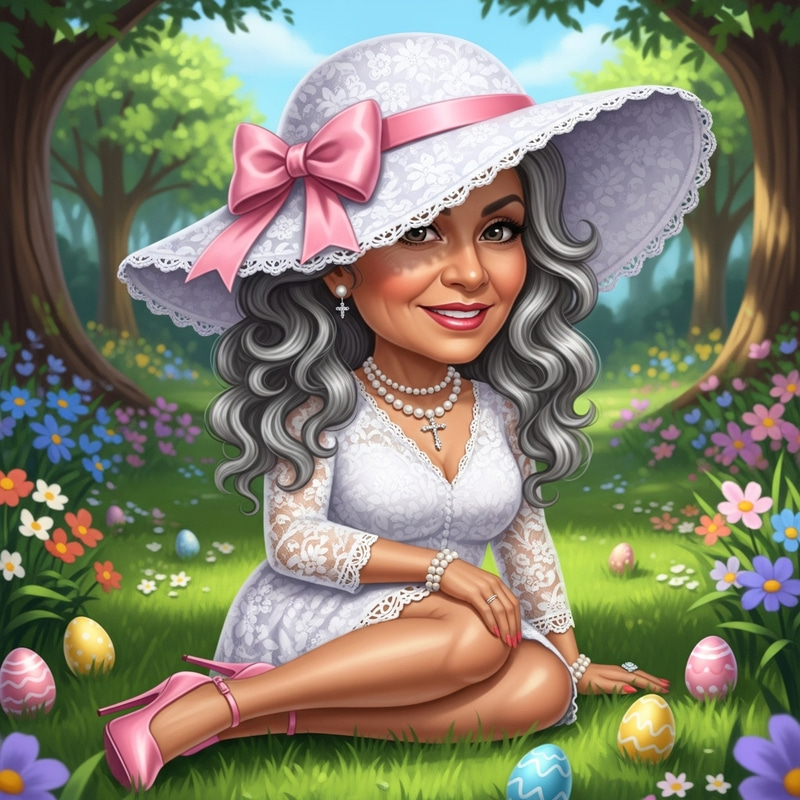 Colorful Chibi Latina-American Woman in Mid-50's Easter Garden | 4K Oil Painting