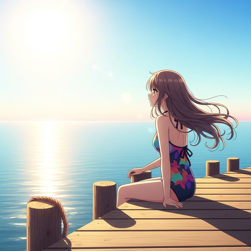 Young Anime Girl on Pier | Sunny Day Swimsuit Scene Young Anime Girl on Pier | Sunny Day Swimsuit Scene