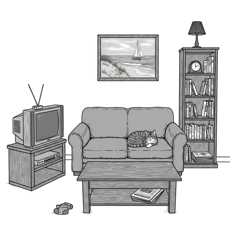 Tidy and Well-Organized Small Living Room: Wooden Bookcase, Antique Clock, Cozy Sofa & Beach Painting