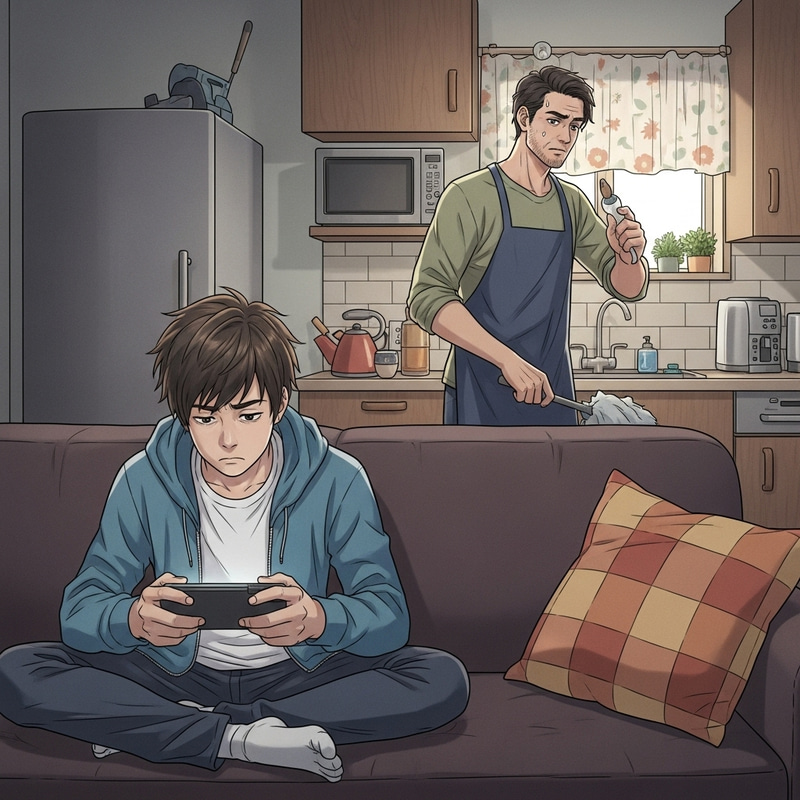 Lazy Teenager Boy Neglecting Household Tasks: Father's Patience Tested Lazy Teenager Boy Neglecting Household Tasks: Father's Patience Tested