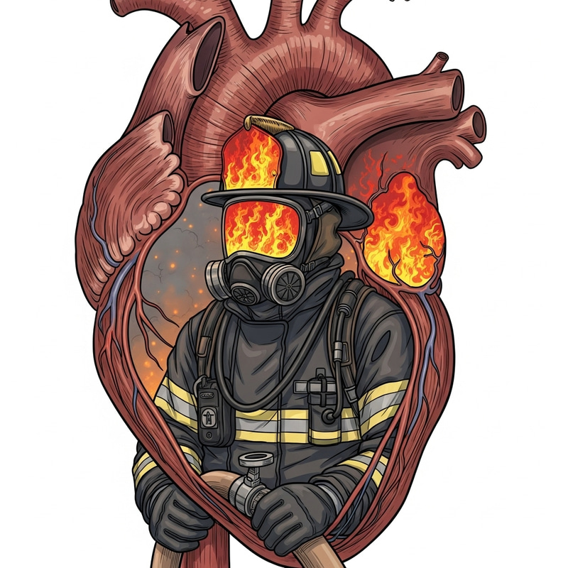 Firefighter Inside Heart Muscle | Fiery Mask Artwork Firefighter Inside Heart Muscle | Fiery Mask Artwork