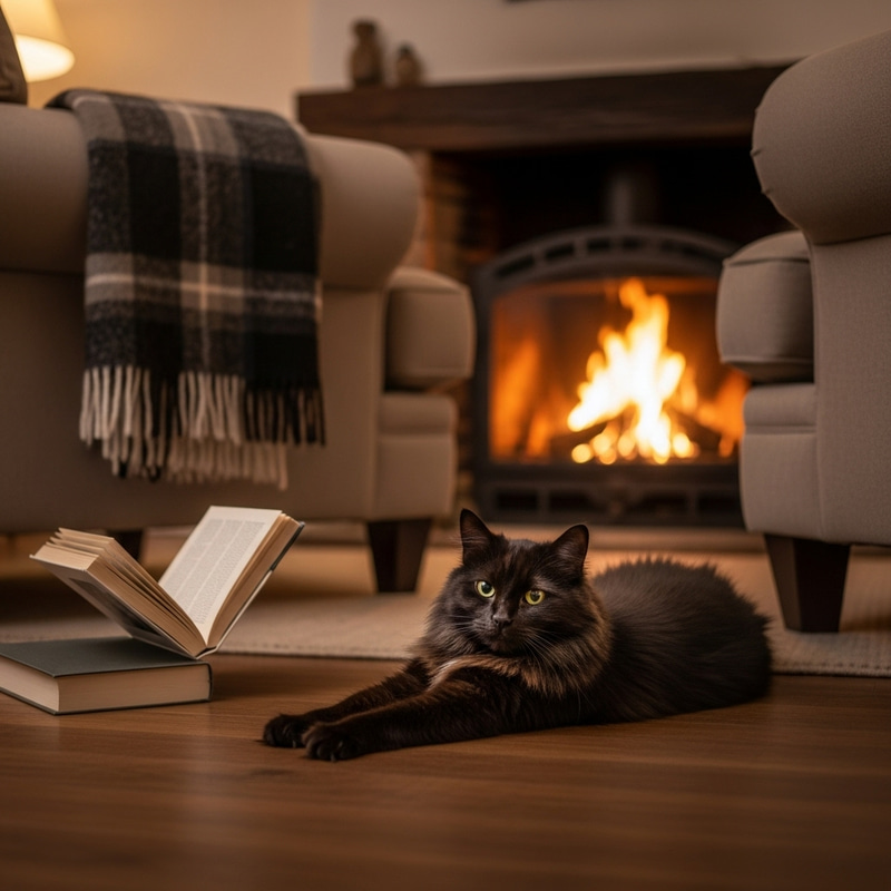 Cozy Black Cat in Tranquil Living Room | Warm & Inviting Vibes Cozy Black Cat in Tranquil Living Room | Warm & Inviting Vibes