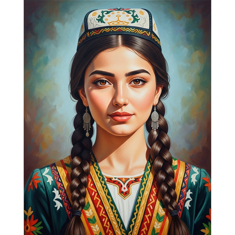Vibrant Tajik Girl Portrait in Traditional Dress | Oil Painting Vibrant Tajik Girl Portrait in Traditional Dress | Oil Painting