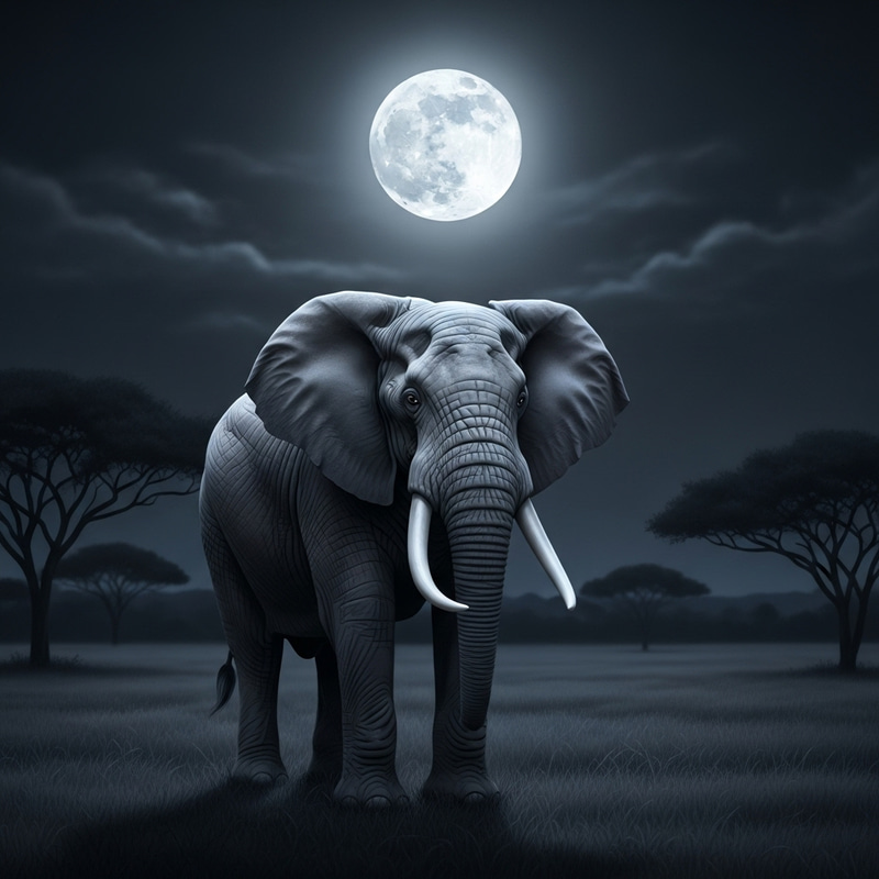 Elephant Afraid of Moon - A Nighttime Scene