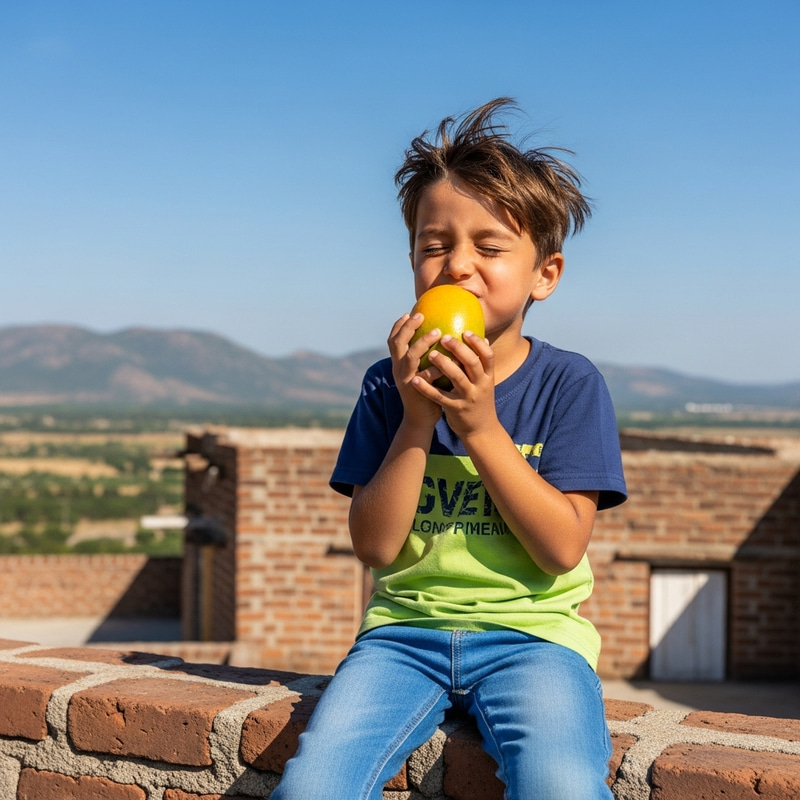 Young Boy Savoring Juicy Mango on Rooftop Young Boy Savoring Juicy Mango on Rooftop