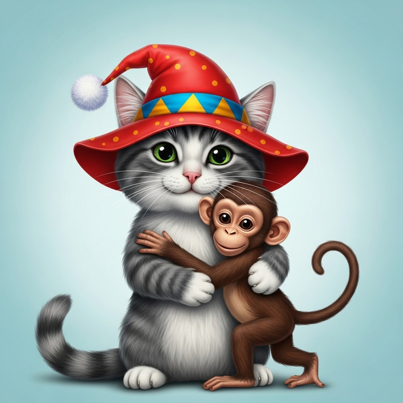 Playful Cat in Hat Hugging Monkey Playful Cat in Hat Hugging Monkey