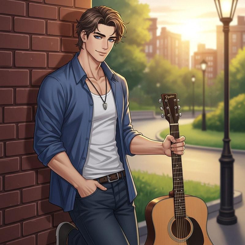 Charming Guitar Player with Muscular Physique | Serene Park Sunset