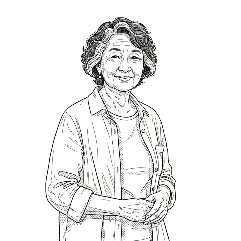Black and White Drawing of a Smiling Asian Woman Black and White Drawing of a Smiling Asian Woman