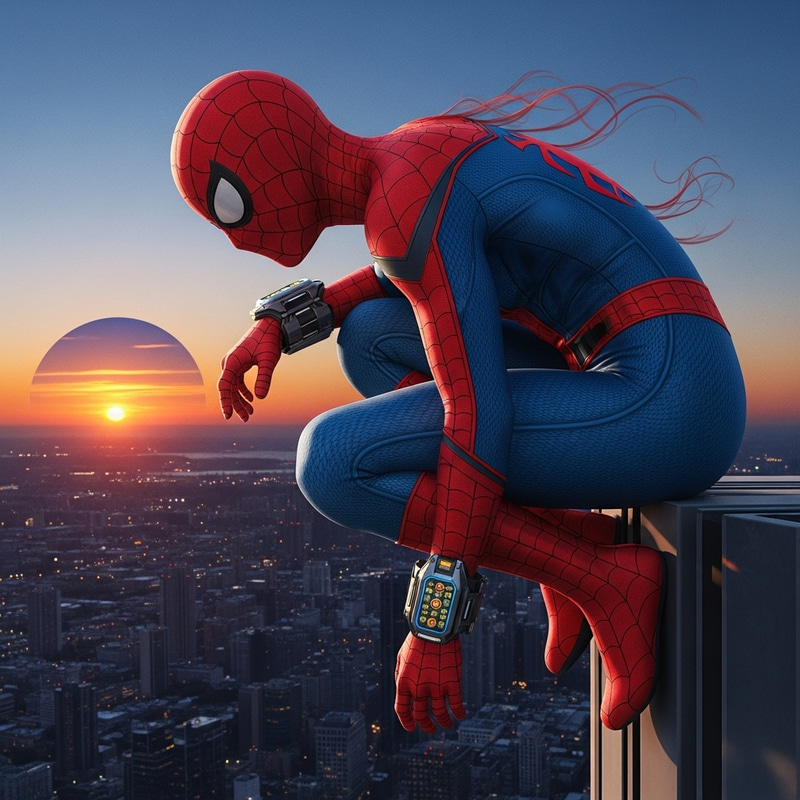 Epic Spider-Man Action: Superhero on a Dusk Rooftop