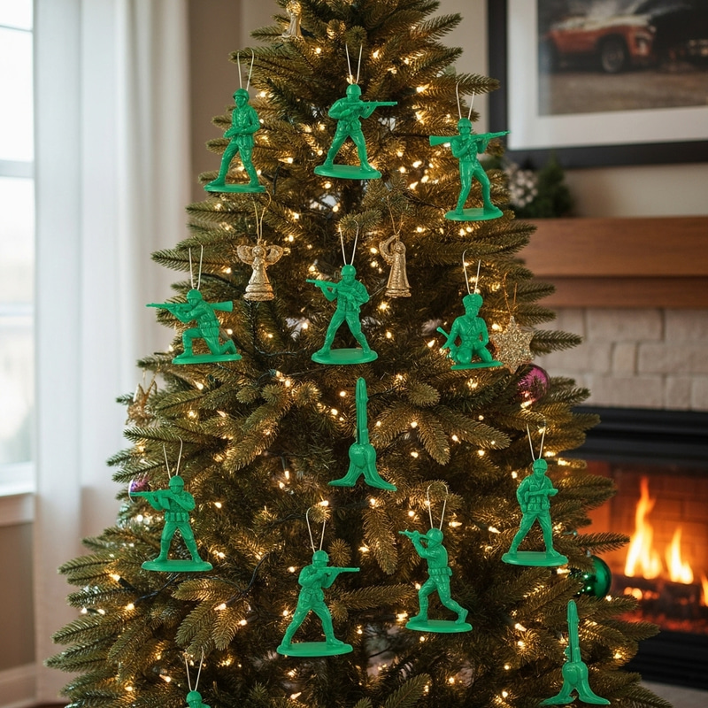 Christmas Tree Decorated with Small Plastic Army Green Soldiers Christmas Tree Decorated with Small Plastic Army Green Soldiers