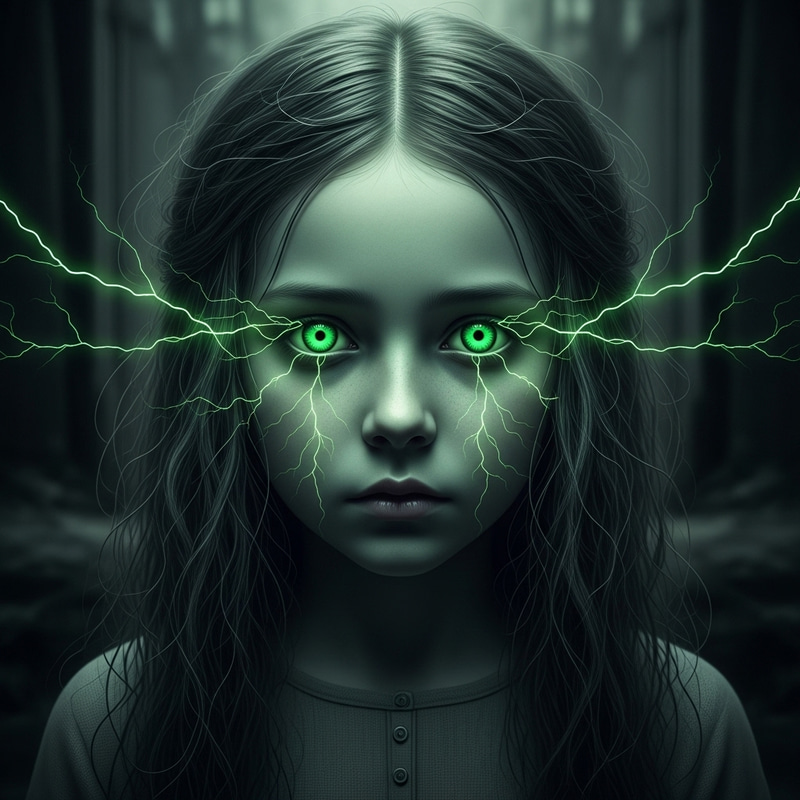 Spooky Ghost Girl with Green Eyes and Lightning Spooky Ghost Girl with Green Eyes and Lightning