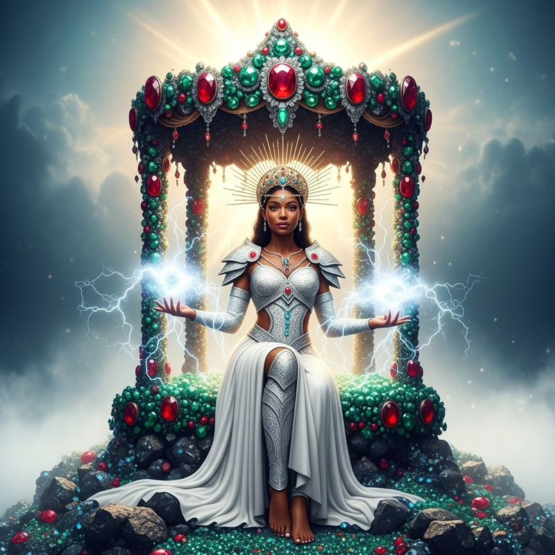 Black Woman on Emeralds & Rubies Rock: Ethereal Power and Elegance