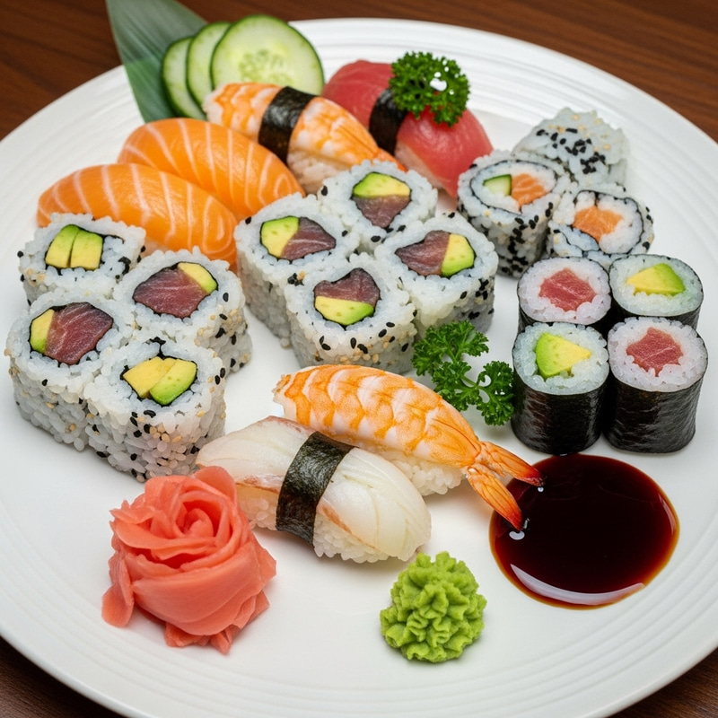 Deluxe Sushi Plate for Two - Nigiri, Maki Rolls & Condiments