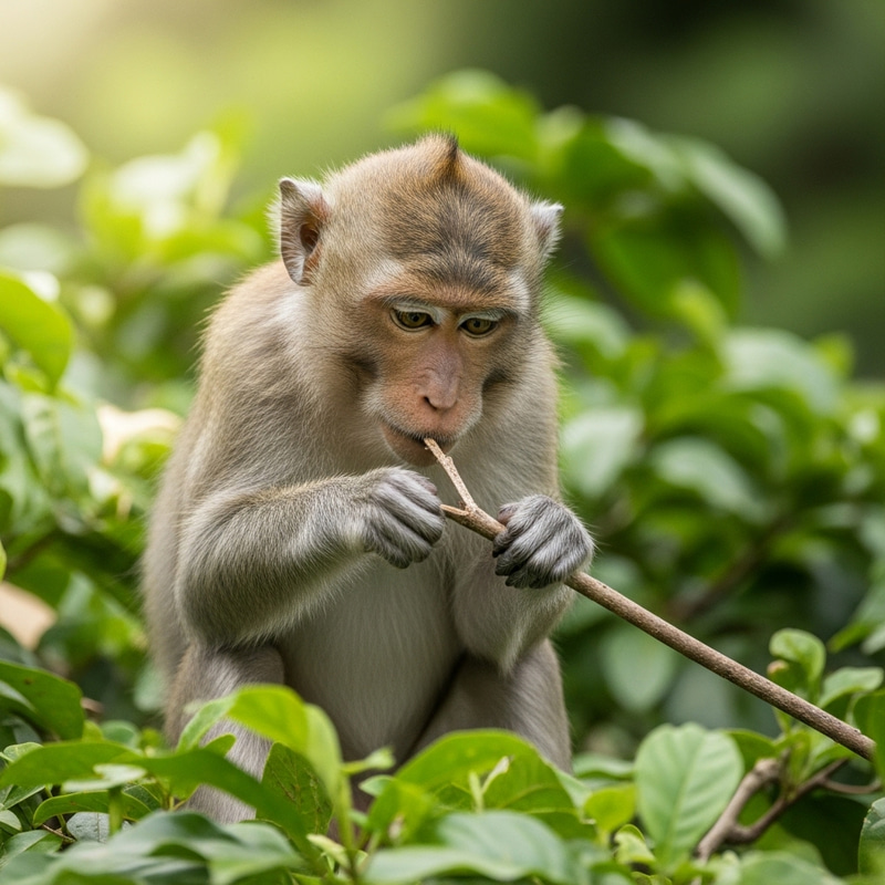 Curious Monkey in Tropical Rainforest Engrossed in Playful Activity Curious Monkey in Tropical Rainforest Engrossed in Playful Activity