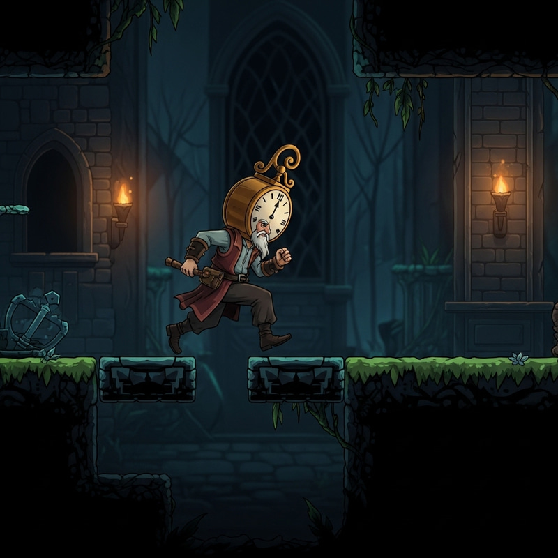 Mystical Medieval Platformer Game with Clock Head Character Mystical Medieval Platformer Game with Clock Head Character