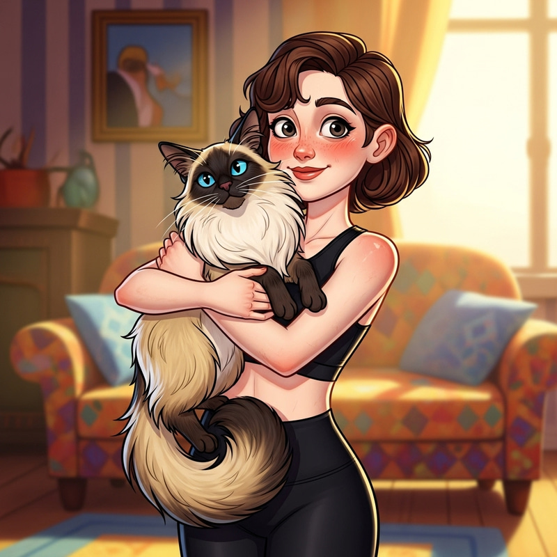 Pixar-style 20-Year-Old Girl with Burmese Cat in Black Outfit