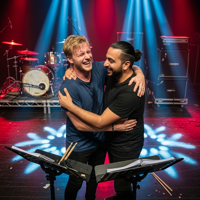 Blond and Dark-Haired Men Share Joyous Hug on Stage After Rock Band's Performance