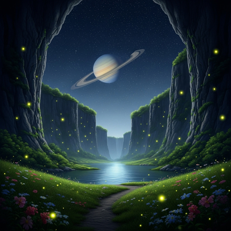 Enchanting Night Landscape: Cliffs, Fireflies, Lake, Saturn