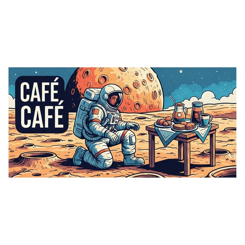 Astronaut Dining on Moon: Colorful Cafe Banner