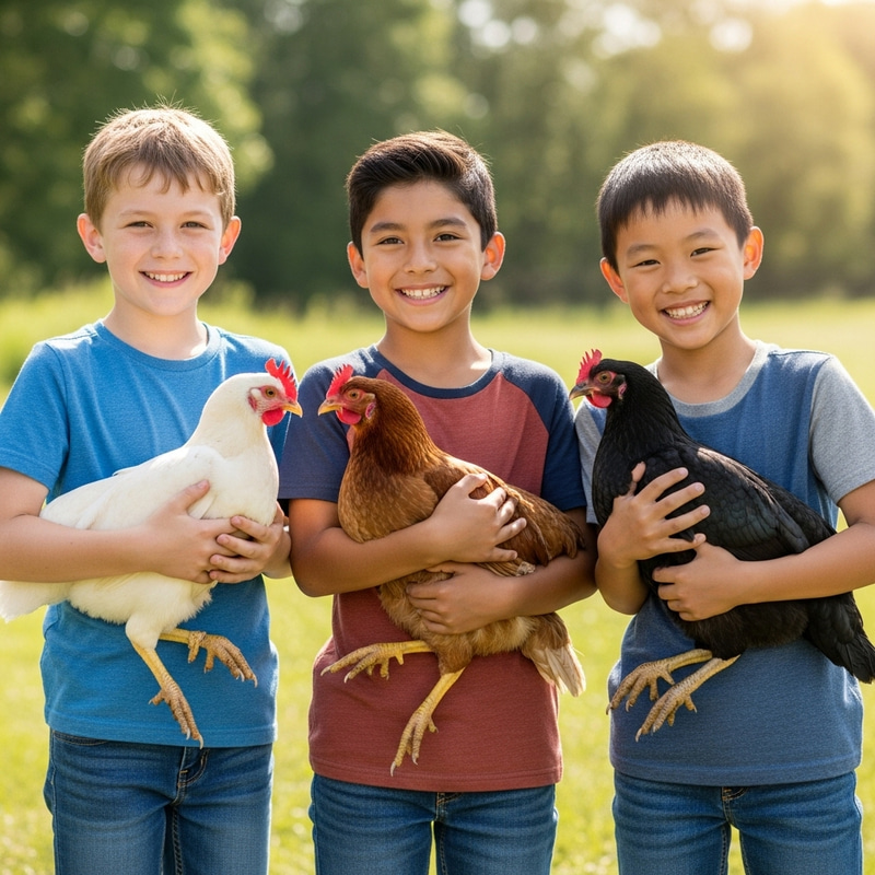 3 Happy Boys Holding Colorful Hens Outdoors 3 Happy Boys Holding Colorful Hens Outdoors