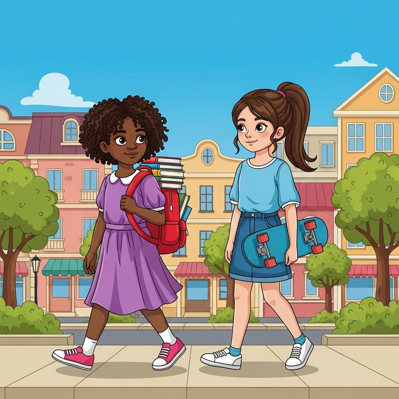 Diverse Cartoon Town Adventure with Two Young Girls Diverse Cartoon Town Adventure with Two Young Girls