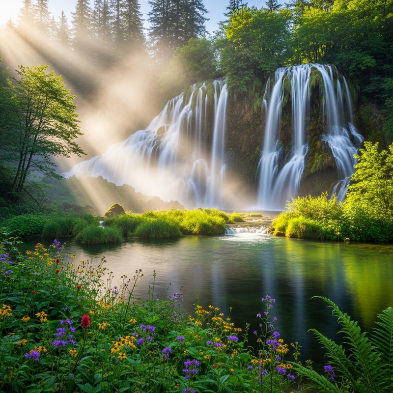 Majestic Natural Landscape with Sunrays, Waterfalls, and Mist