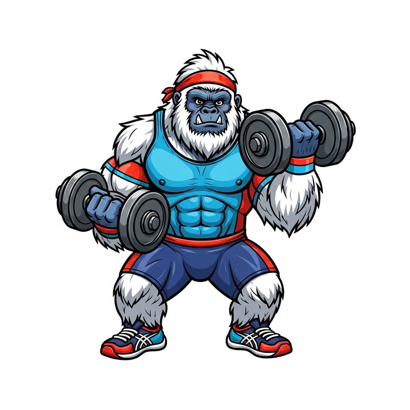 Energetic Yeti Lifts Dumbbells in Vivid Sports Attire Energetic Yeti Lifts Dumbbells in Vivid Sports Attire