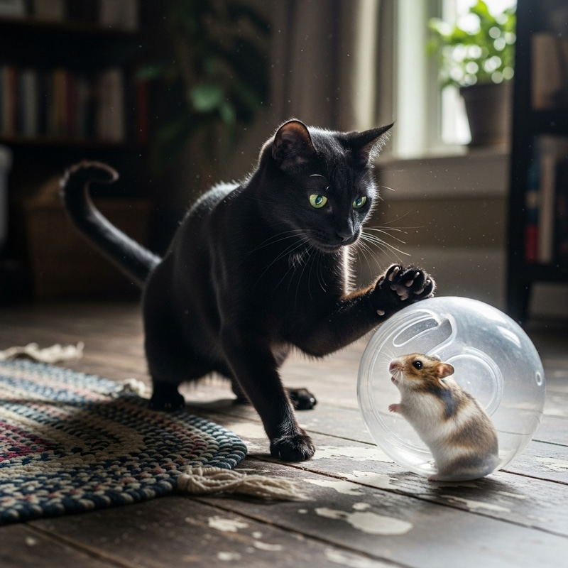 Black Cat and Hamster Playful Interaction