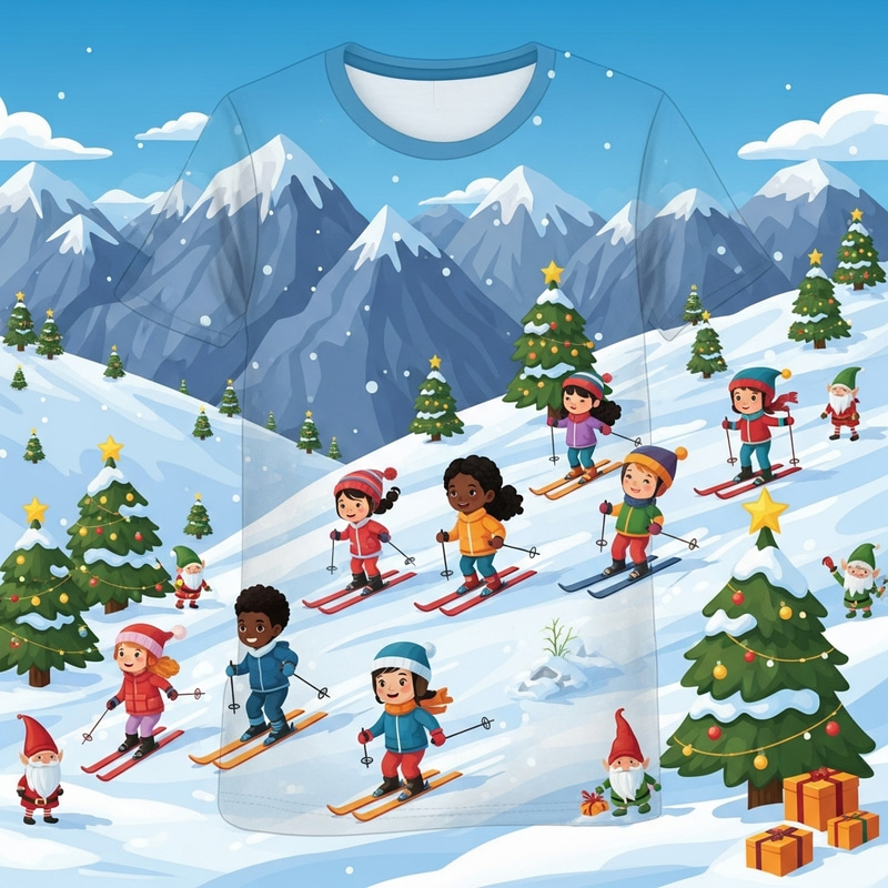 Festive Christmas Kids Skiing in Whimsical Mountain Scene Festive Christmas Kids Skiing in Whimsical Mountain Scene