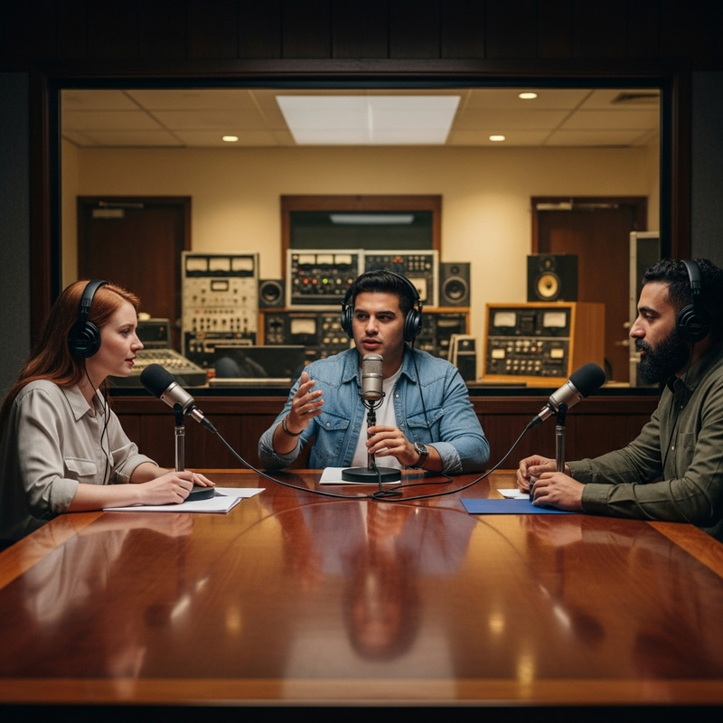 Vintage Radio Studio with Diverse Hosts Sparking Conversations Vintage Radio Studio with Diverse Hosts Sparking Conversations
