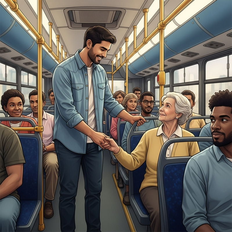 Kind Gesture: Man Offers Seat to Elderly Lady on Bus