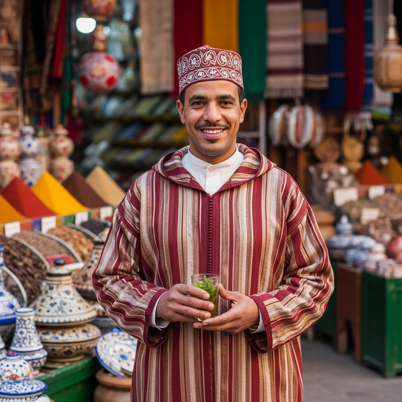 Intricate Moroccan Attire & Mint Tea at Vibrant Marketplace