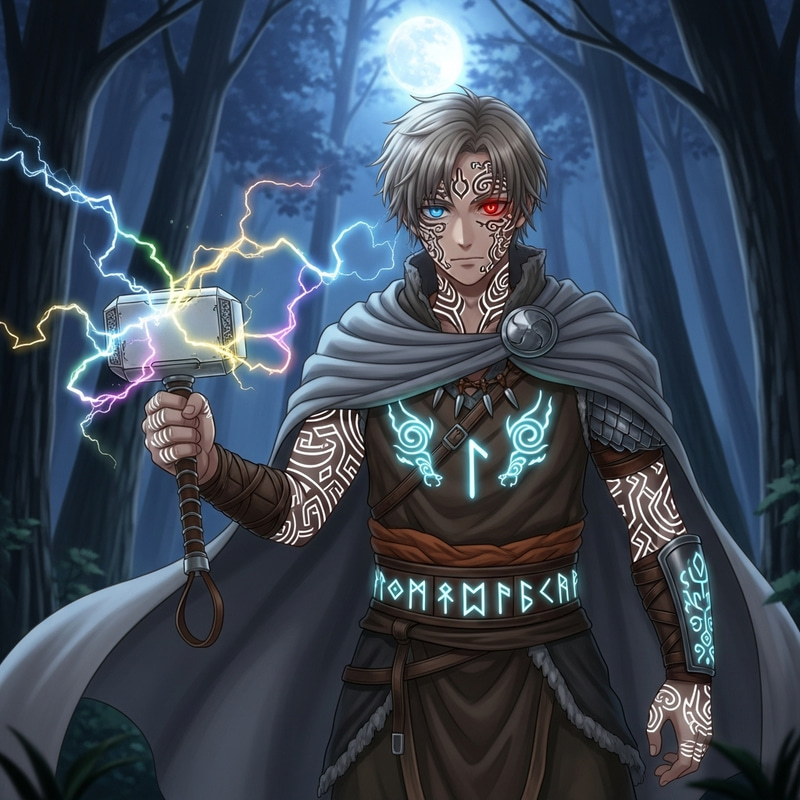 Anime-Style Norse Mythology Teenager with Tattoos and Mjolnir in Night Forest Anime-Style Norse Mythology Teenager with Tattoos and Mjolnir in Night Forest