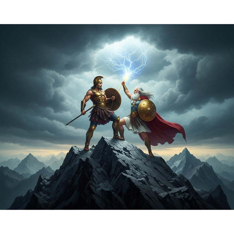 Epic God of War Fights Zeus on Mountain Peak Epic God of War Fights Zeus on Mountain Peak