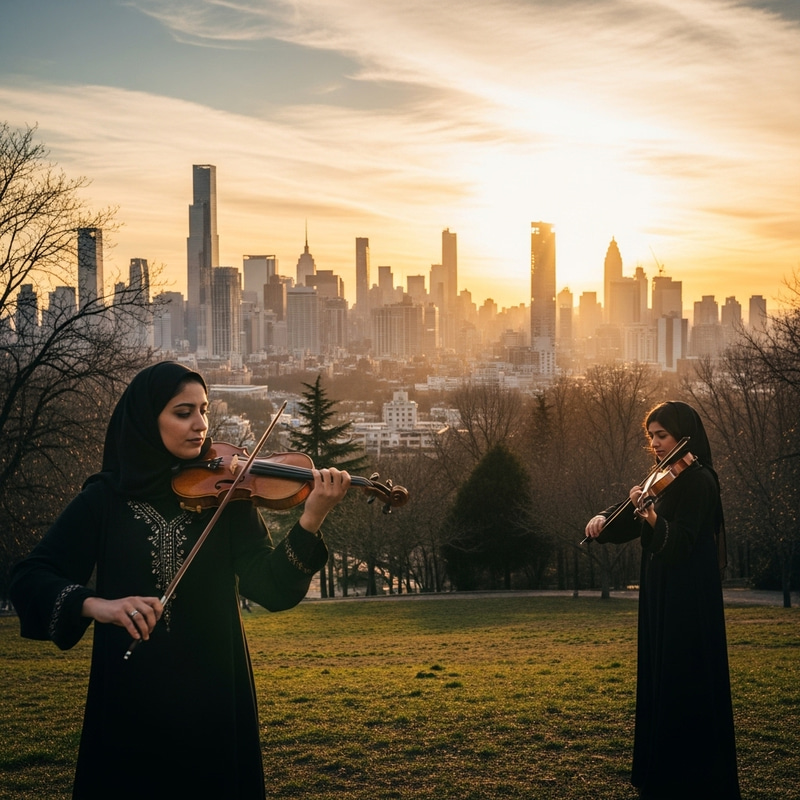 Epic Violinist in City Park Sunset Scene Epic Violinist in City Park Sunset Scene