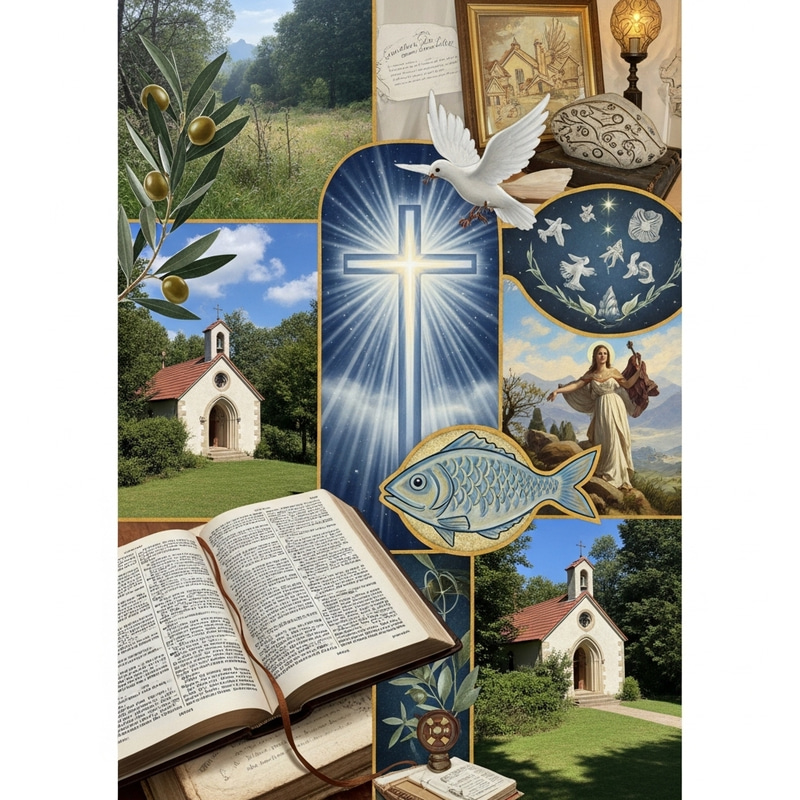 Christianity Collage: Divine Symbols and Peaceful Scenes Christianity Collage: Divine Symbols and Peaceful Scenes
