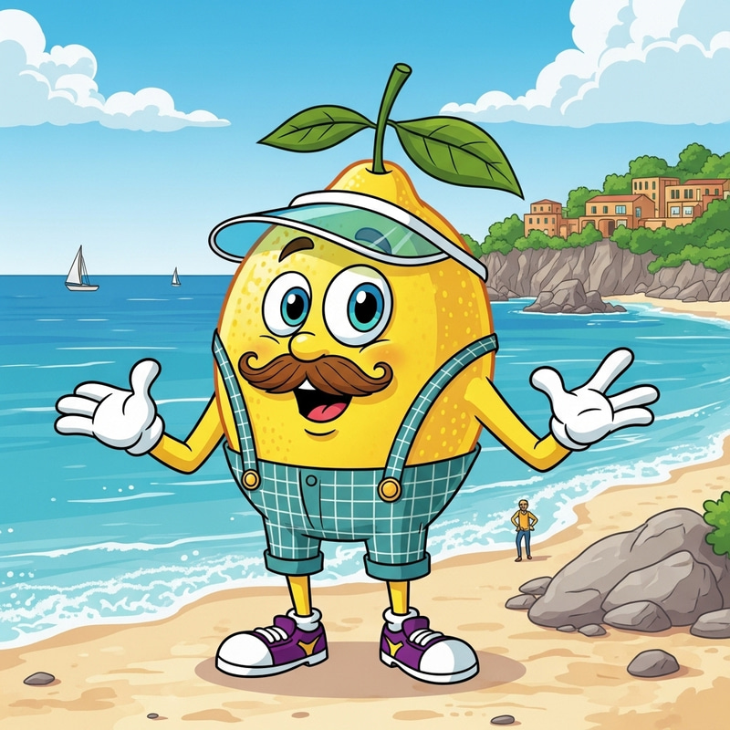 Cartoon Lemon at Sicily Seashore | Mustached Citrus in Plaid Pants