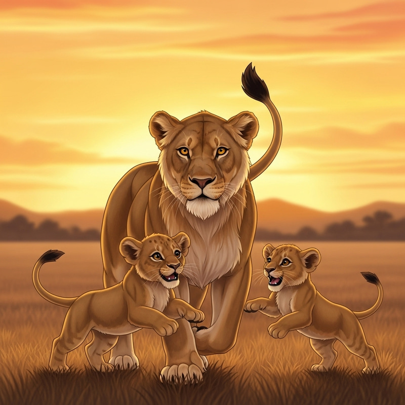 Serenity of Sunset: Lioness and Cubs in Serene Savannah