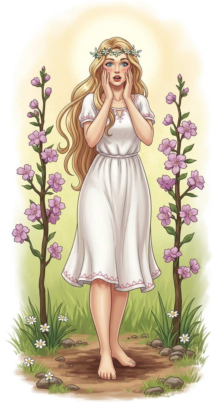 Astonishing Ostara Goddess With Long Blond Hair in White Summer Dress Astonishing Ostara Goddess With Long Blond Hair in White Summer Dress